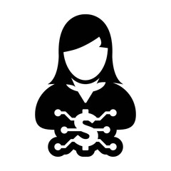 Digital dollar icon vector currency symbol with female user person profile avatar for digital currency in a glyph pictogram illustration