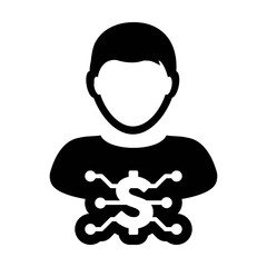 Coin icon vector digital dollar currency with male user person profile avatar for digital wallet in a glyph pictogram illustration