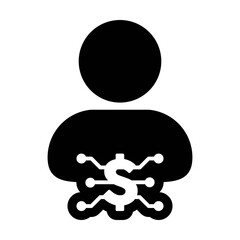 Person icon vector digital dollar currency with male user profile avatar for digital wallet in a glyph pictogram illustration