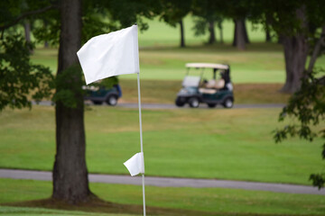 Golf Course Flag with Golf Cart in Background