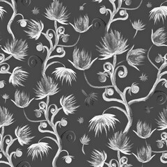 seamless monochrome watercolor pattern decorative fabulous flowers of black and white color