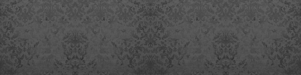 Old gray anthracite black vintage shabby damask patchwork tiles stone concrete cement wall texture background banner panorama