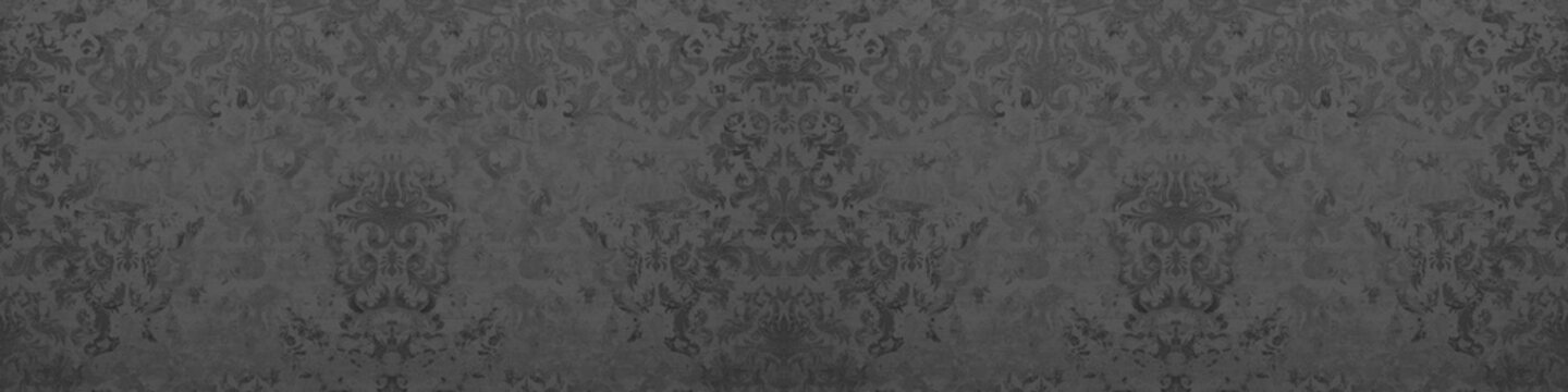 Old Gray Anthracite Black Vintage Shabby Damask Patchwork Tiles Stone Concrete Cement Wall Texture Background Banner Panorama