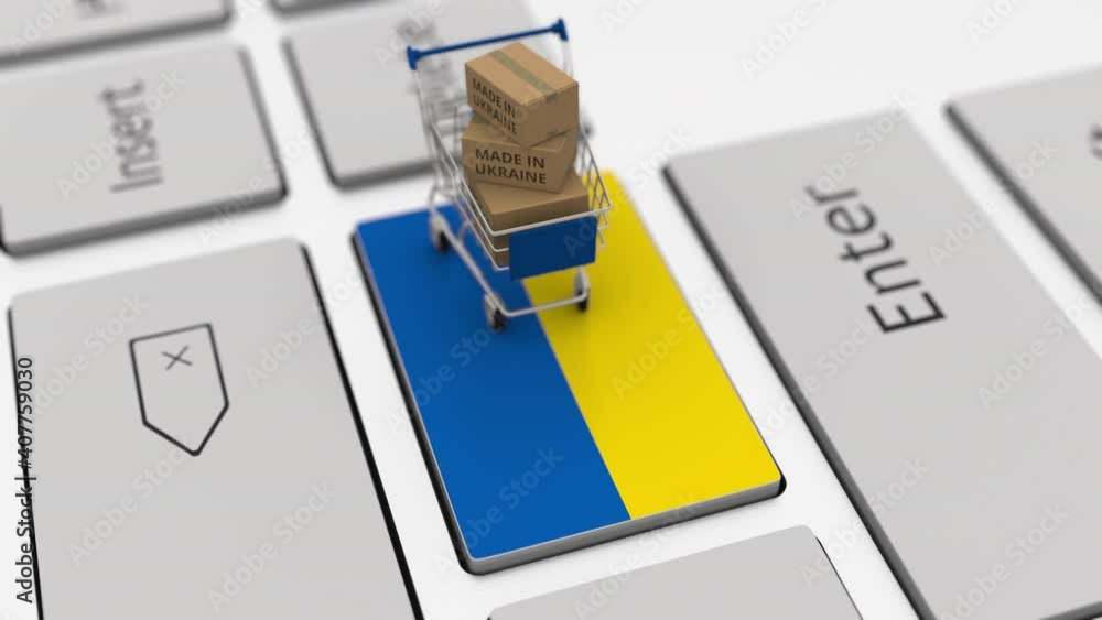 Aufkleber boxes with made in ukraine text and shopping cart on the keyboard. conceptual looping 3d animation