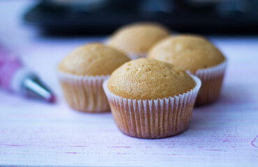  freshly baked cupcakes cool on a grid against a background of blurry pastry molds with muffins. High quality photo