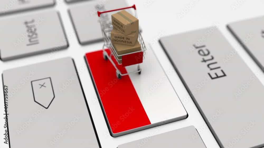 Poster cardboard boxes with made in indonesia text and shopping cart on the keyboard. conceptual looping 3d