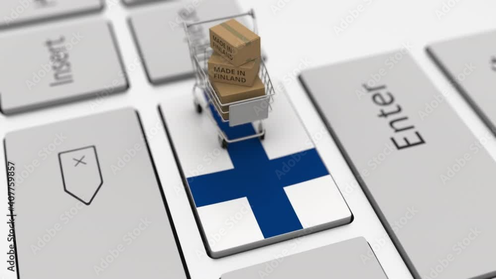 Poster boxes with made in finland text and shopping cart on the keyboard. conceptual looping 3d animation