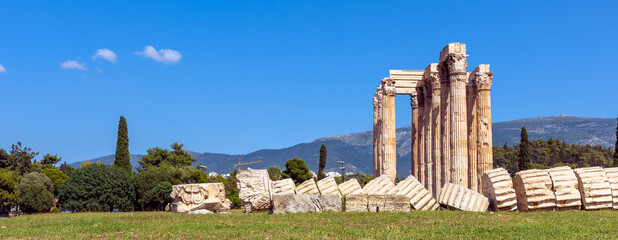 Greek Olympian Zeus temple, panorama of ancient ruins, Athens, Greece