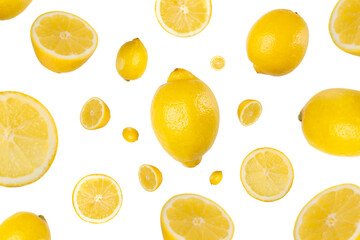 Many lemons and slices fly and fall isolated on a white background. Healthy juicy citrus fruits for summer time