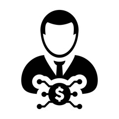 Dollar icon vector digital currency symbol with male user person profile avatar for wallet in a glyph pictogram illustration