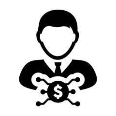 Digital currency icon vector dollar money symbol with male user person profile avatar for digital currency in a glyph pictogram illustration