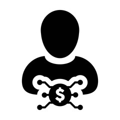 Avatar icon vector digital dollar currency with male user person profile for digital wallet in a glyph pictogram illustration