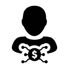 Revenue icon vector digital dollar currency with male user person profile avatar for digital wallet in a glyph pictogram illustration