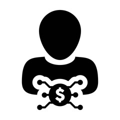 Buy icon vector digital dollar currency with male user person profile avatar for digital wallet in a glyph pictogram illustration