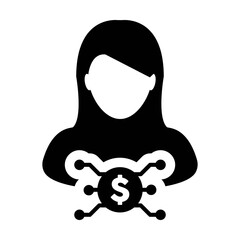 Wallet icon vector digital dollar currency with male user person profile avatar for digital transaction in a glyph pictogram illustration