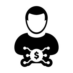 Digital currency icon vector dollar money symbol with male user person profile avatar for digital currency in a glyph pictogram illustration
