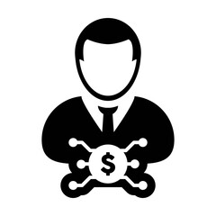 Dollar icon vector digital money symbol with male user person profile avatar for wallet in a glyph pictogram illustration