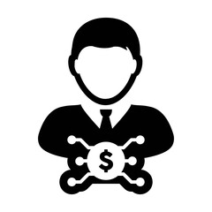 Digital money icon vector dollar currency symbol with male user person profile avatar for digital currency in a glyph pictogram illustration
