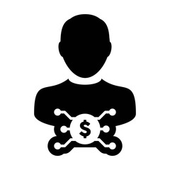 Money icon vector digital dollar currency with male user person profile avatar for digital wallet in a glyph pictogram illustration