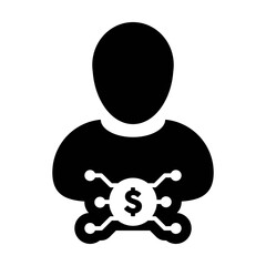Person icon vector digital dollar currency with male user profile avatar for digital wallet in a glyph pictogram illustration