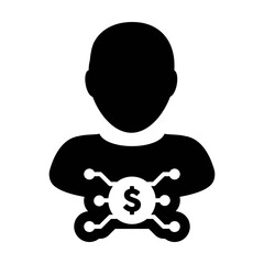 Profit icon vector digital dollar currency with male user person profile avatar for digital wallet in a glyph pictogram illustration