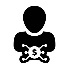Payment icon vector digital dollar currency with male user person profile avatar for digital wallet in a glyph pictogram illustration