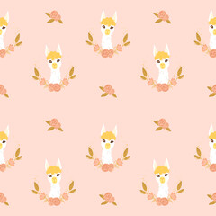 seamless pattern with baby girl llamas, floral wreath with flowers, peonies, roses, leaves on pink background