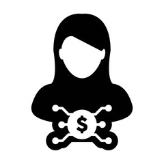 Digital dollar icon vector currency symbol with female user person profile avatar for digital currency in a glyph pictogram illustration
