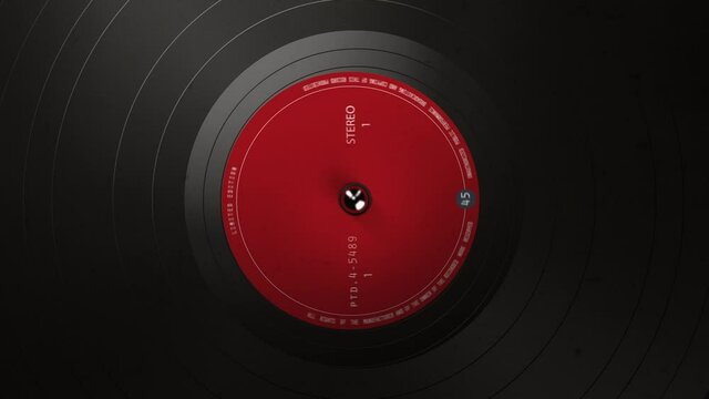 Black vinyl record on a turntable. A black vinyl background with a red sticker in the center for your text. DJ, Disco Trends 60s, - 90s. Looped 3d animation