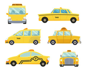 set of different types of taxi cars and taxi signs.