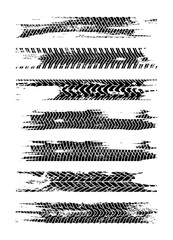 Obraz premium Black tire track silhouette set. Grunge tire track isolated on white background. Tire track with ink blots. Tire track road splatter wallpaper.