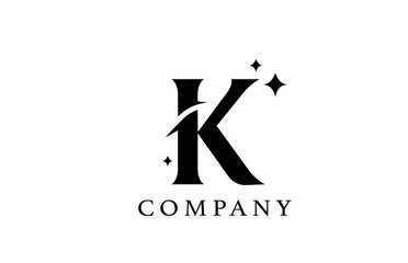 K simple black and white alphabet letter logo for corporate and company. Creative star design with swoosh. Can be used for a luxury brand or icon lettering