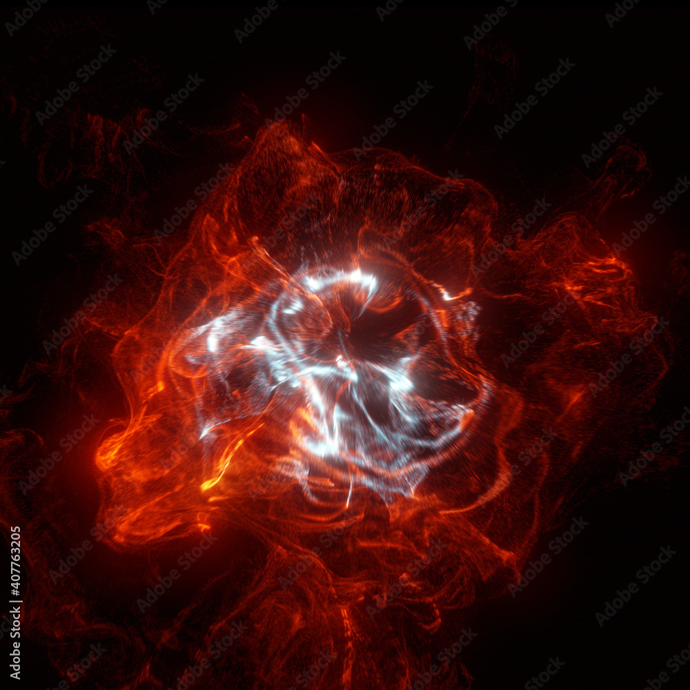 Poster abstract pulsing fiery red particles flowing with fluid motion effect. 3d render