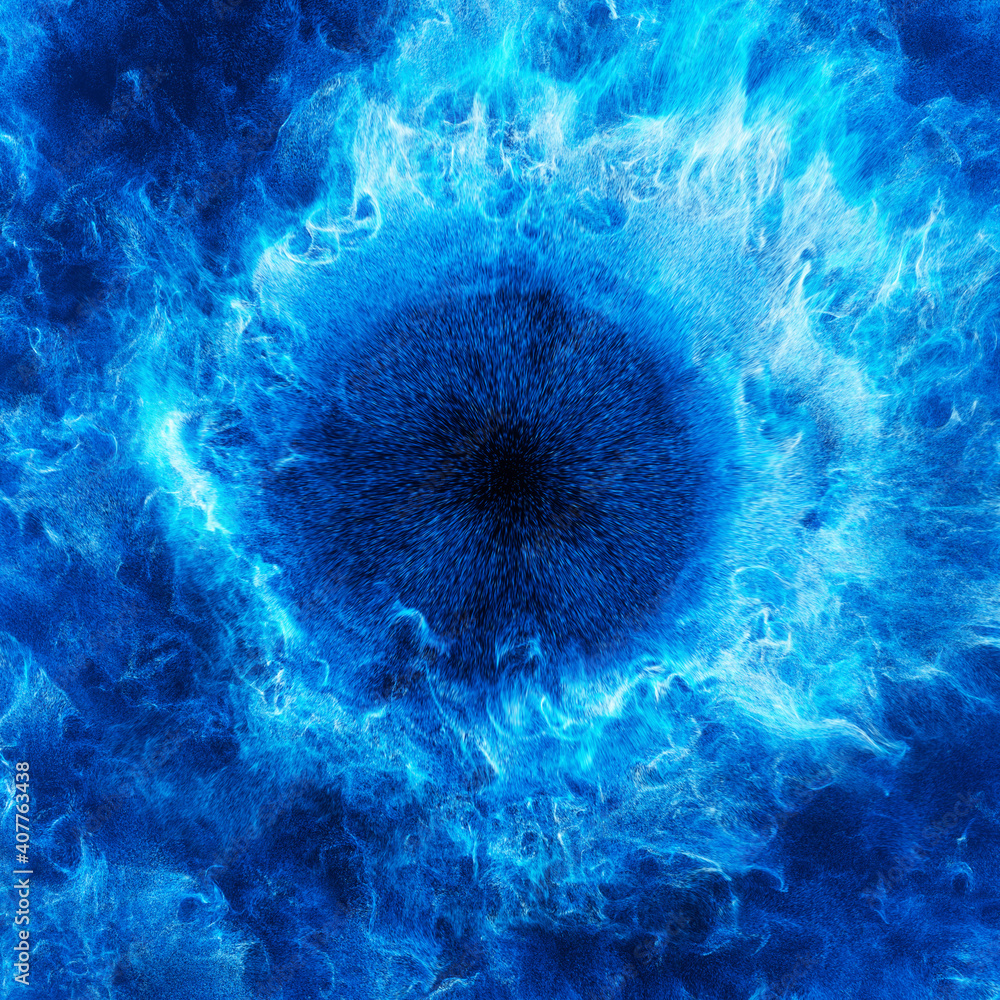 Poster explosion of blue particles. hole opening up from a blue background texture. 3d render