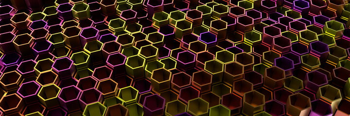 Background of hexagons. Geometric structure of honeycombs. 3D visualization