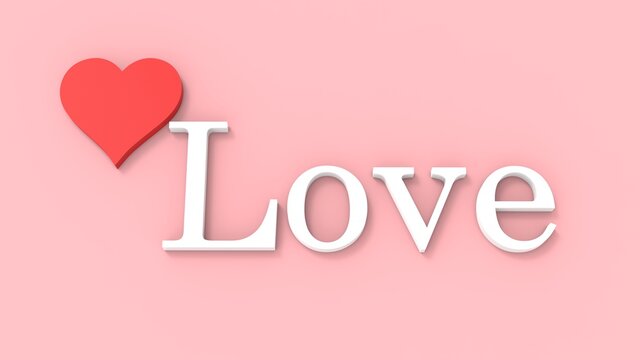 White Love lettering and a red heart on a pink background. 3d render stock image.	