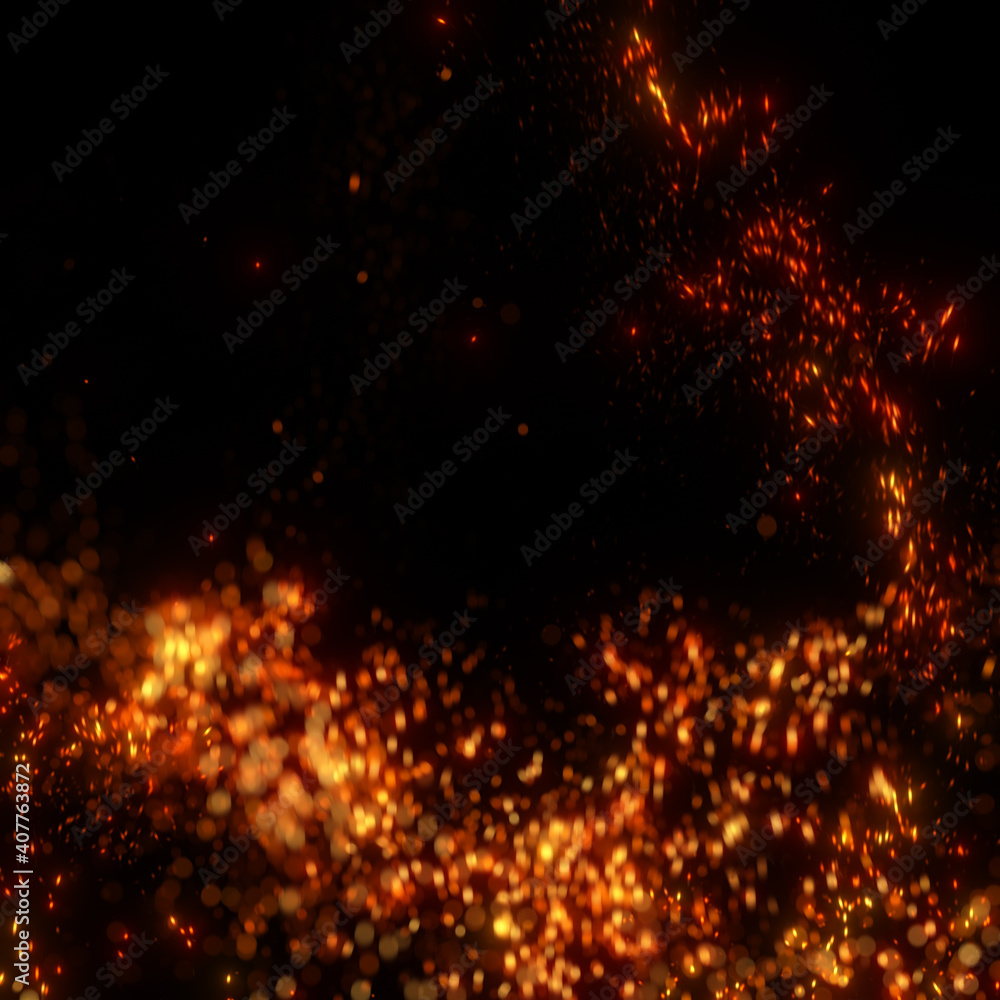 Poster abstract red fiery particle effect. blurry motion of particles flying from fire. 3d render