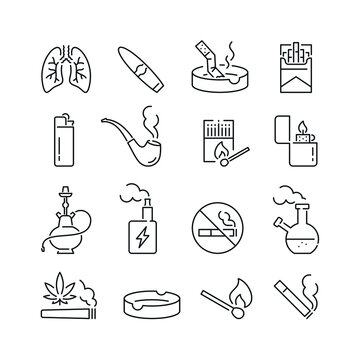Smoking related icons: thin vector icon set, black and white kit