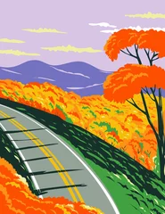 Stoff pro Meter Skyline Drive im Shenandoah National Park mit den Blue Ridge Mountains im Herbst in Virginia WPA Poster Art © patrimonio designs