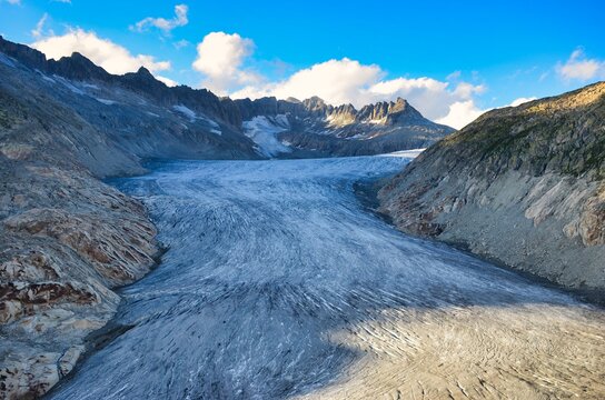  fantastic view of the great rhone glacier and the mountains in the canton of valais. Eternal ice near the Furka Pass, Switzerland. Viewpoint