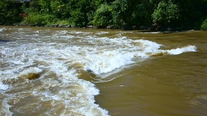 Turbulent gushing river water, vertiginous flow, swirling foamy water waves after heavy rain, turbid water rapids of Mur river, Austria