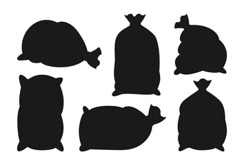 Sacks with flour or sugar black silhouette set. Bag burlap icon collection. Harvest agricultural flour production. Bakery and mill symbol. Design organic farm elements, packaging label vector