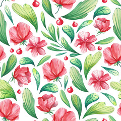 Watercolor seamless pattern with green leaves and pink flowers on a white background. Background for fabric, design, decoration of wedding products. Delicate spring colors.