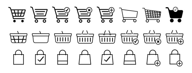 Set of shopping basket icons and shopping bag. Vector illustration.