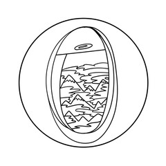 Isolated vector black and white illustration of passenger airplane window with mountains view