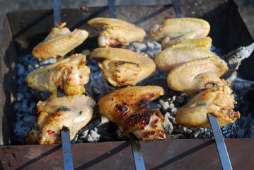 Chicken wings are fried on skewers on the grill. Picnic in nature.