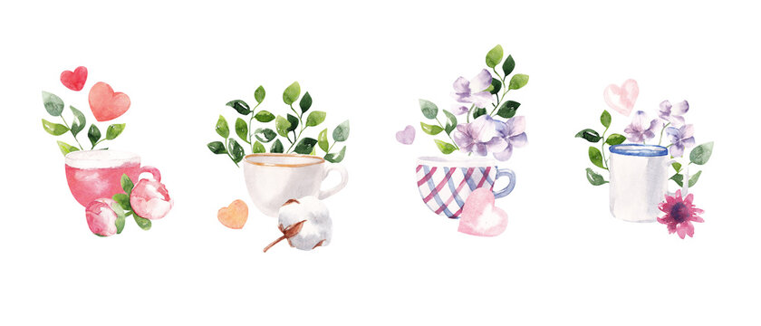 Watercolor illustration. Hand painted cups, flowers, hearts on white background. Suitable for cards, posters, invitations for Valentine's Day or a pajama party.