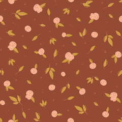 seamless pattern with small simple flowers, peonies, roses, and leaves on brown background