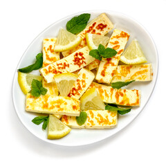 Grilled Halloumi with Lemon and Mint Top View Isolated on White