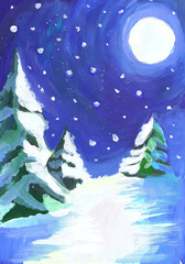 Snowy Christmas trees on a winter evening. Children's drawing
